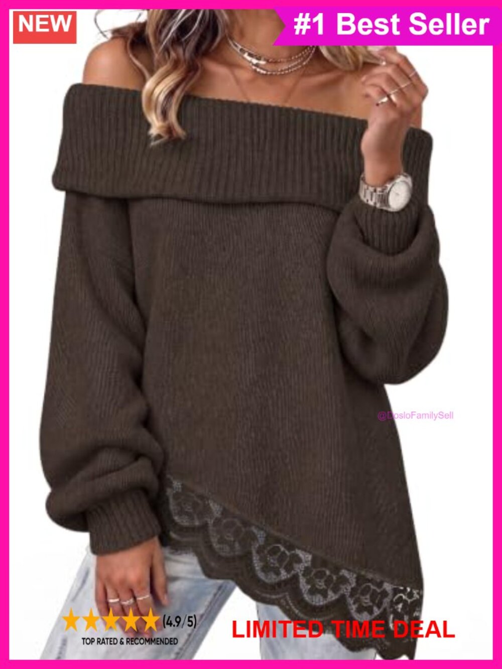 Off Shoulder Lace Trim Knit Pullover Sweater Asymmetrical Long Sleeve